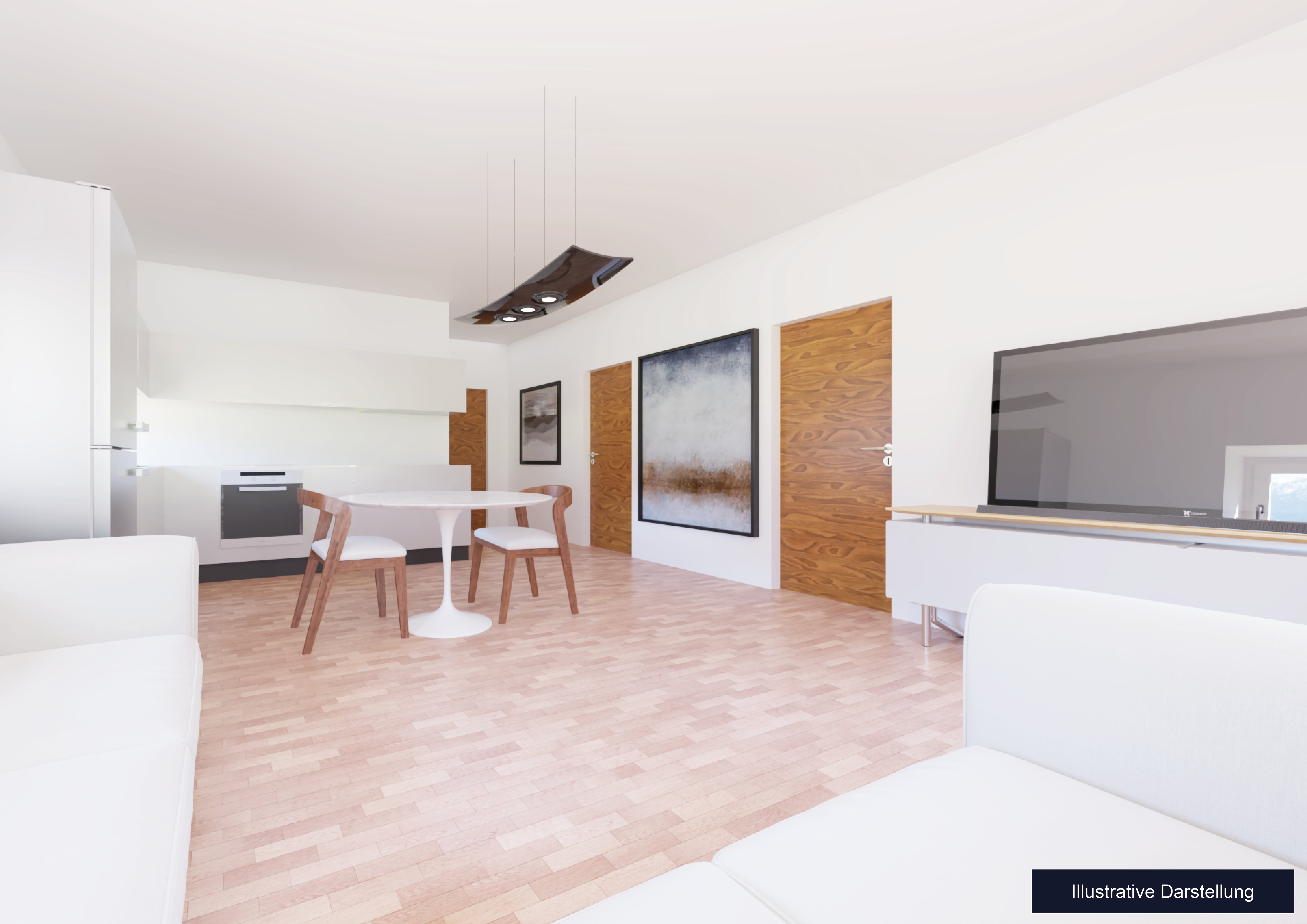Visualisierung, Innenansicht, Wohnzimmer, Couch, Küche, Kühlschrank, Esstisch, TV, Bilder, Wohnung Burg